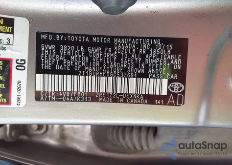 2016 Toyota Corolla Le из США, поврежденный, VIN 2T1BURHE0GC537694